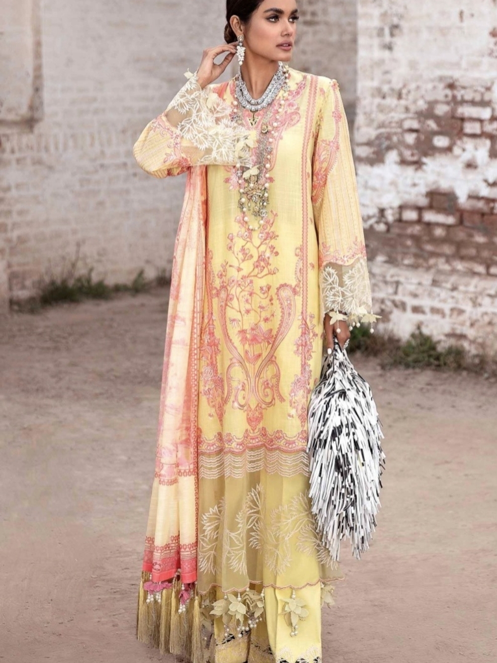 Embroidered Yellow & Pink Long-Sleeve Maxi Dress